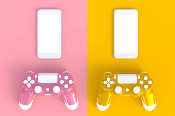 istock Pink yellow joystick with smart phone on pink yellow table background, Computer game competition, Gaming concept, 3D rendering 1002666466