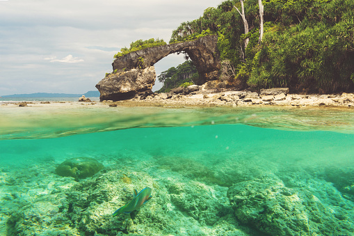Natural bridge at Neil island, Andaman and Nicobar. Double photo under water and over water. View of the natural bridge, the main attraction of the island against the blue sky. snorkeling, diving