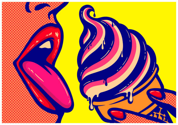 Pop art comic book mouth of woman eating ice cream with tongue out licking vector illustration Pop art comics style sexy open mouth of woman eating ice cream cone with tongue out licking tasty delicious sweet treats vector illustration sensuality stock illustrations