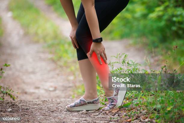 Pain In Womans Shin Massage Of Female Leg Injury While Running Trauma During Workout Stock Photo - Download Image Now