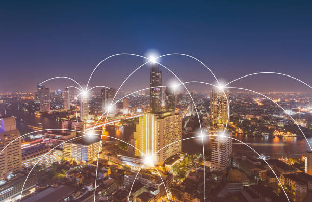 istock Aerial view of digital technology over cityscape, Can use for connection network concept background. 1002681192