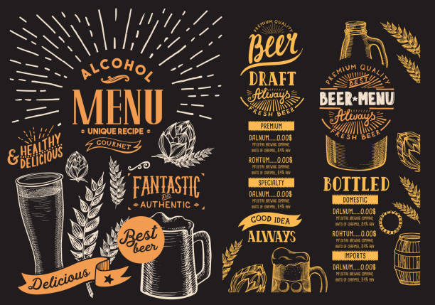 menu piwa dla restauracji. szablon projektu z ręcznie rysowanymi ilustracjami graficznymi. ulotka z napojami wektorowymi do baru. - beer stock illustrations