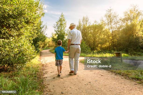 Grandfather And Grandchild Walking Outdoors Stock Photo - Download Image Now - Grandparent, Grandfather, Senior Adult