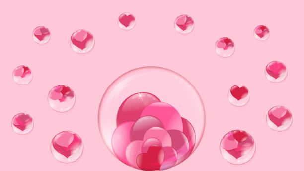 istock hearts lie inside a transparent glass sphere, around fly bubbles with hearts inside on a pink background 1002688538