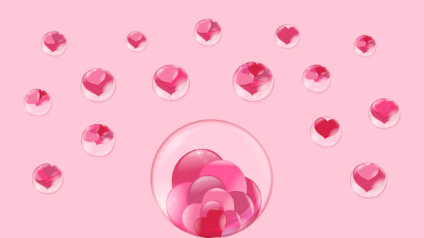 istock hearts lie inside a transparent glass sphere, around fly bubbles with hearts inside on a pink background 1002688742