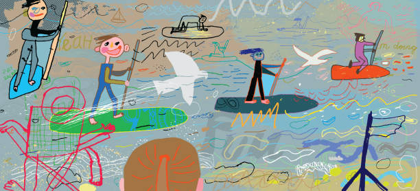 People paddle-boarding scene at the beach vector art illustration