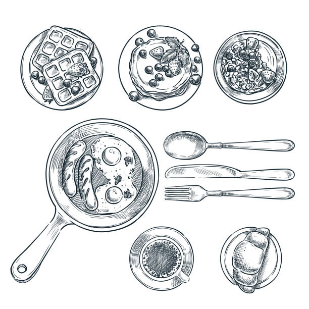 ilustraciones, imágenes clip art, dibujos animados e iconos de stock de cocina desayuno, vector ilustración de esbozo de vista superior. juego de comida de mañana dibujado a mano aislada. - fork silverware spoon table knife