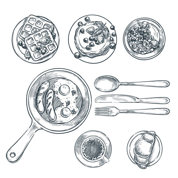 Cooking breakfast, vector top view sketch illustration. Set of isolated hand drawn morning meal. Restaurant or cafe brunch menu design elements.