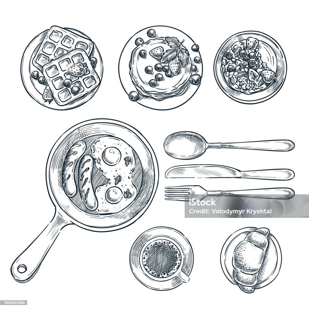 Cooking breakfast, vector top view sketch illustration. Set of isolated hand drawn morning meal. Cooking breakfast, vector top view sketch illustration. Set of isolated hand drawn morning meal. Restaurant or cafe brunch menu design elements. Breakfast stock vector