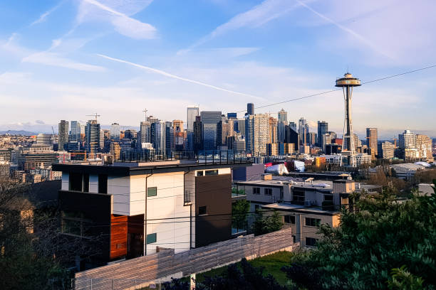 Seattle Panorama Skyline at day-time with Space Needle Tower