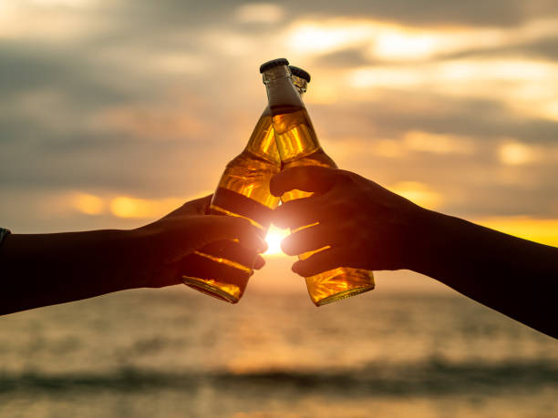 Couple hands holding beer bottles and clanging on the sunset beach. Party, Holiday, Summer, Friendship Concept. Couple hands holding beer bottles and clanging on the sunset beach. Party, Holiday, Summer, Friendship Concept. beer bottle photos stock pictures, royalty-free photos & images