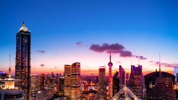 istock Panoramic skyline of Shanghai at dust 1002706368