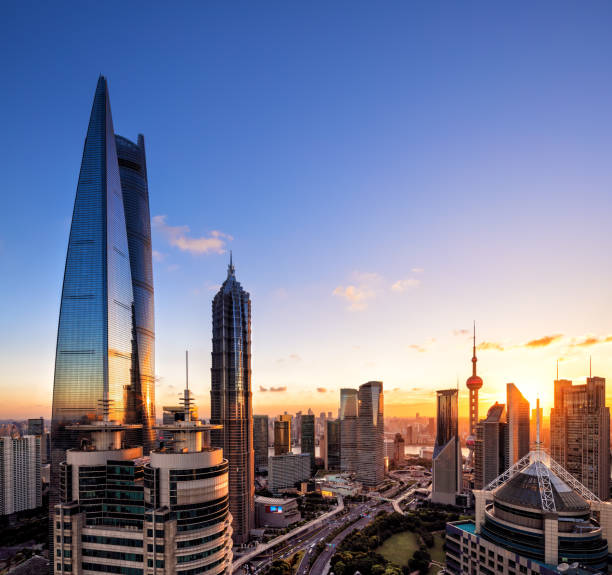istock Panoramic skyline of Shanghai at dust 1002706392