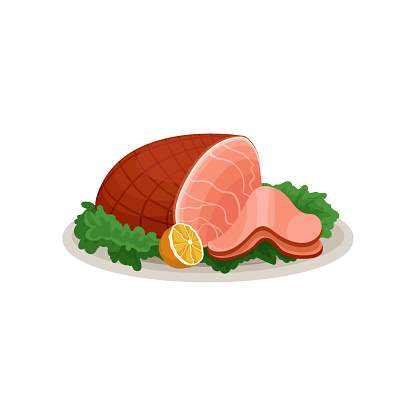 Ham with sliced, half of lemon and green lettuce leaves of ceramic plate. Delicious smoked meat. Dish for holiday dinner. Flat vector icon