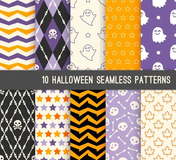 Vector illustration of Ten Halloween different seamless patterns. Endless texture for wallpaper, web page background, wrapping paper and etc. Skulls, bones, ghost and maple leaves