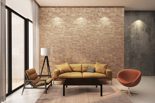 istock Modern living room decorate wall with orange brick wall. 3D Rendering 1002722848