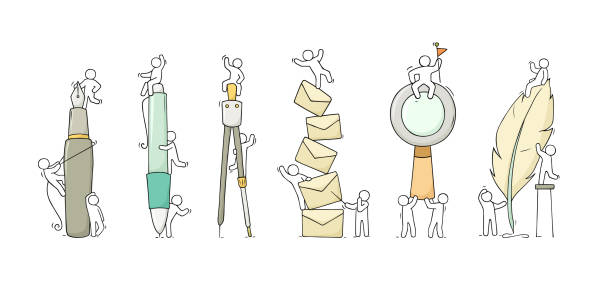 Office supplies set with working little people. Office supplies set with working little people. Doodle cute miniature scenes of workers with stationery. Hand drawn cartoon vector illustration for business and school design. how to draw a school building clip art stock illustrations