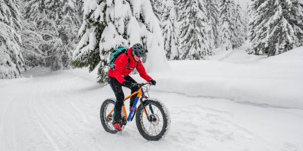 istock Man fat biking on snowy trail through winter forest 1002736028