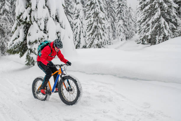 istock Man fat biking on snowy trail through winter forest 1002736042