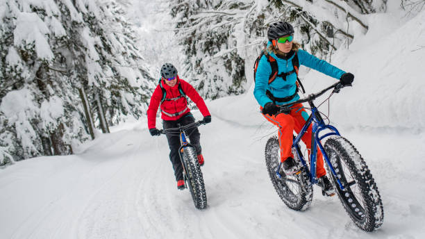 istock Couple riding their fat bikes on snowy forest trail 1002736048