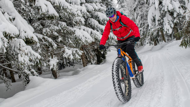 istock Man fat biking on snowy trail through winter forest 1002736064