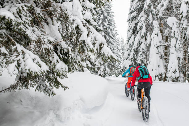 casal de equitação suas bicicletas gordas na trilha do bosque nevado - vitality clothing adventure mode of transport - fotografias e filmes do acervo