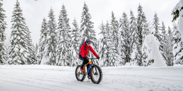 istock Man fat biking on snowy trail through winter forest 1002736080