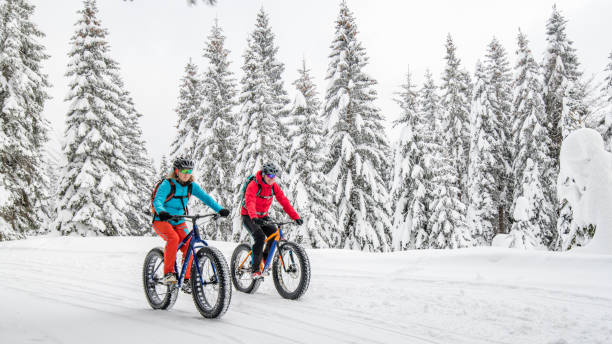 istock Couple riding their fat bikes on snowy forest trail 1002736086