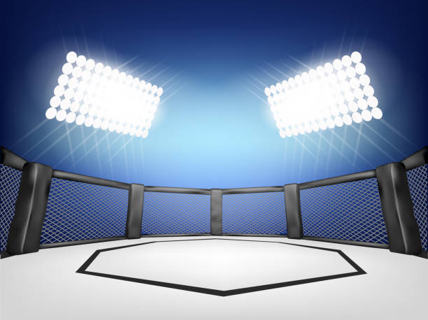 istock Empty Cage martial arts fighting arena stage with black style and blue background:mma 1002736360