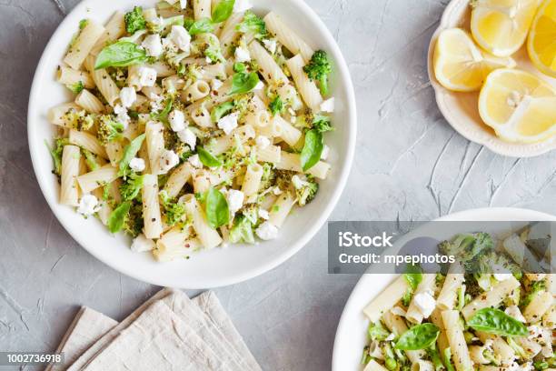 Vegetarian Pasta With Broccoli And Feta Cheese Stock Photo - Download Image Now - Pasta, Feta Cheese, Cottage Cheese