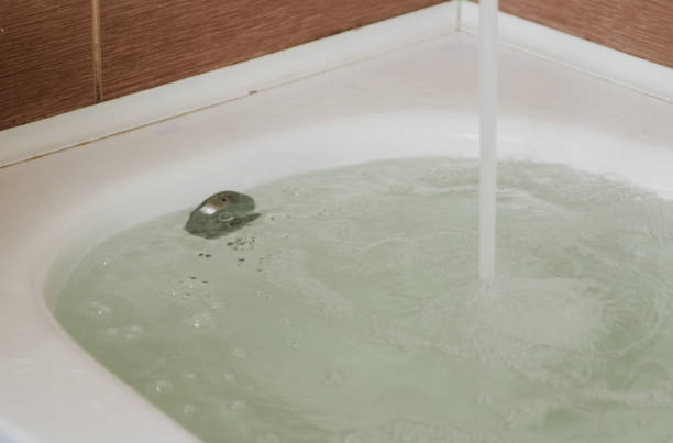 istock Water poured into the tub. Full bath. Close up. 1002737764