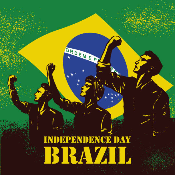 день независимости бразилии баннер, иллюстрация людей, поднимая кулаки на флаг бразилии в качестве фона. - protestor protest sign yellow stock illustrations