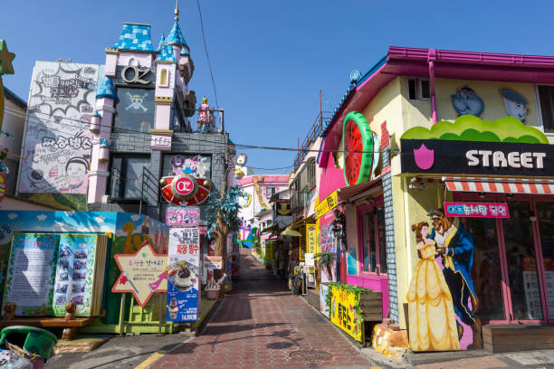 incheon fairy tale village houses and street decorated with fairy tale characters. The street is located in songwol dong in incheon , south korea. Taken in July 18th 2018. fairy tale village stock pictures, royalty-free photos & images