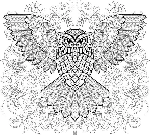 Vector illustration of Flying owl and floral ornament in zentangle style. Adult antistress coloring page. Black and white hand drawn doodle for coloring book