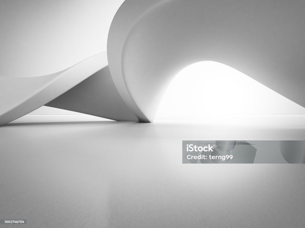 Geometric shapes structure on empty concrete floor with white wall background in hall or modern showroom, Construction technology for future architecture - Abstract interior design 3d illustration 3d rendering of art object. Architecture Stock Photo