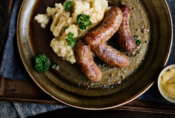 bangers and mash food photography recipe idea - sausage food mash grilled imagens e fotografias de stock