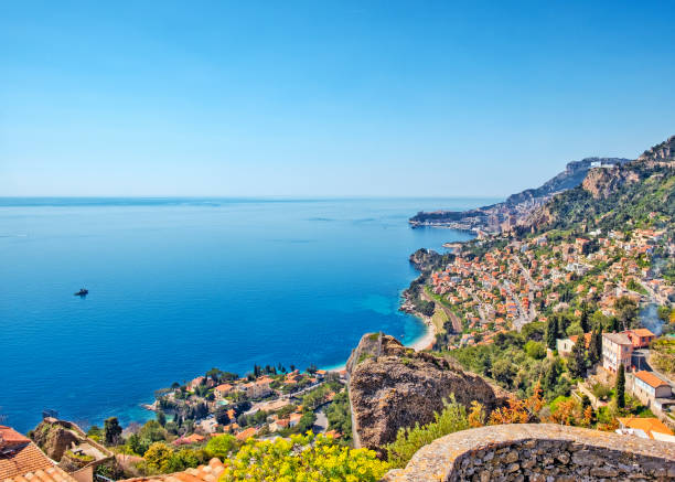 French Riviera Elevated view of the Mediterranean sea from Roquebrune-Cap-Martin. french riviera photos stock pictures, royalty-free photos & images