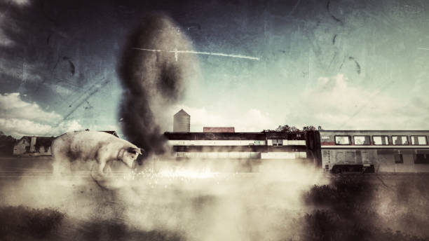 giant pig smashing on a train 3d illustration