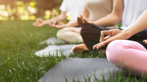 group of people meditating in park - quinta de saúde imagens e fotografias de stock