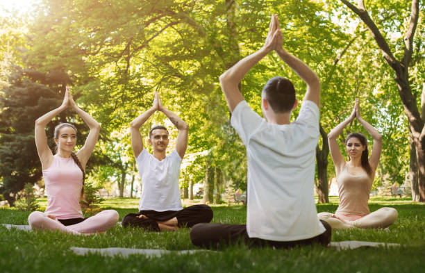 istock Group of people practicing yoga in park 1002749782