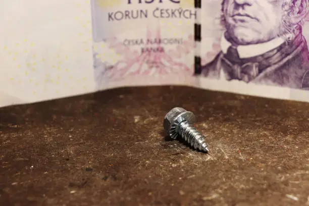 A one small metal screw with one thousand czech crowns on desk