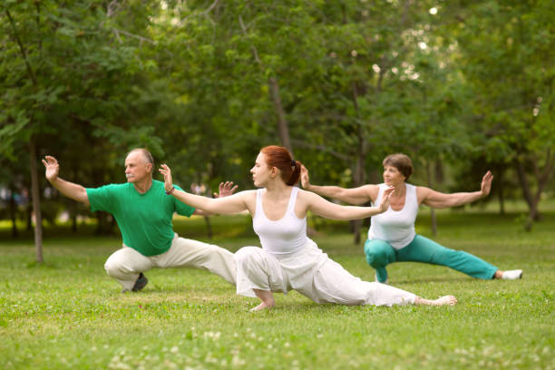 groupe de personnes pratiquent le tai chi chuan dans un parc.  énergie de chinois gestion compétences qi. - tai chi photos et images de collection