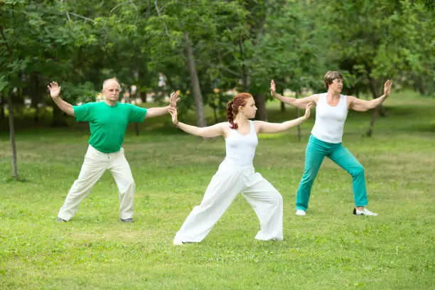 Photo of group of people practice Tai Chi Chuan in a park.  Chinese management skill Qi's energy.