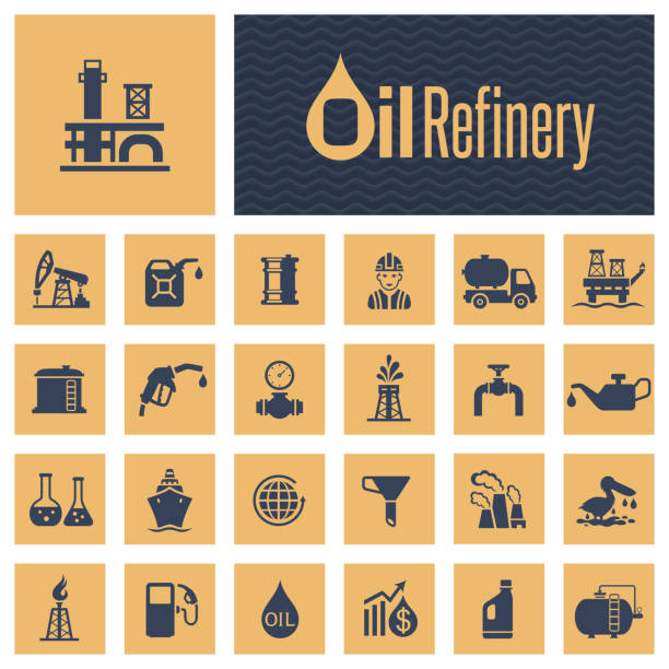 значок нефтяной промышленности набор - oil rig oil well natural gas industrial ship stock illustrations