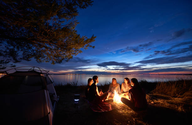 campeggio estivo notturno a terra. gruppo di giovani turisti intorno al falò vicino alla tenda sotto il cielo serale - friendship camping night campfire foto e immagini stock