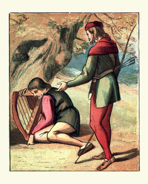 Robin Hood and Alan-a-Dale Vintage engraving of Robin Hood and Alan-a-Dale. Alan-a-Dale is a figure in the Robin Hood legend. According to the stories, he was a wandering minstrel who became a member of Robin's band of outlaws, the Merry Men. sherwood forest illustrations stock illustrations