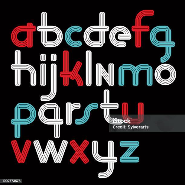 Set Of Vector Rounded Lower Case Funky Alphabet Letters Isolated With Parallel Lines Can Be Used For Poster Creation In Entertainment Business Stock Illustration - Download Image Now