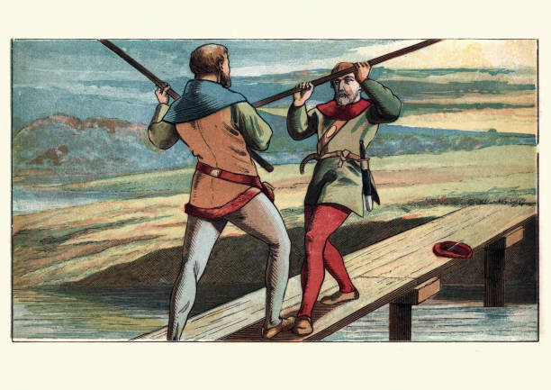 Robin Hood and Little John fighting with quarterstaves Vintage engraving of Robin Hood and Little John fighting with quarterstaves. According to a 17th-century ballad, Little John was a giant of a man who was at least seven feet tall, and introduced when he tried to prevent Robin from crossing a narrow bridge, whereupon they fought with quarterstaves, and Robin was overcome. sherwood forest illustrations stock illustrations