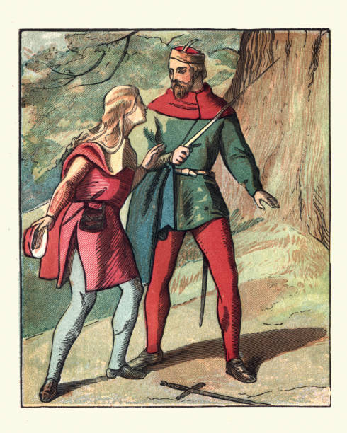 Robin Hood and Maid Marian disguise as a boy Vintage engraving of robin hood and maid Marian disguise as a boy sherwood forest illustrations stock illustrations