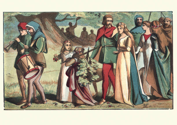 illustrazioni stock, clip art, cartoni animati e icone di tendenza di matrimonio di robin hood e maid marion, foresta di sherwood - marian